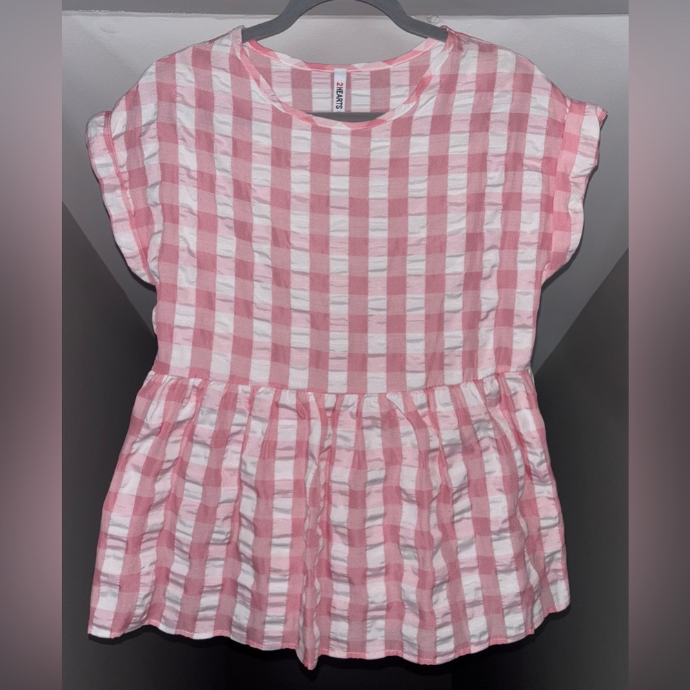 NWT 2Hearts  Woman Small Pink and White gingham peplum blouse